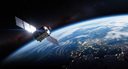 Satellite orbits earth at night illuminating continents with city lights
