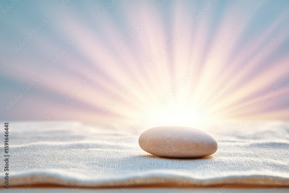 Poster softly glowing pebble placed at center of empty cloth, illuminated by warm sunrise rays, creating pe
