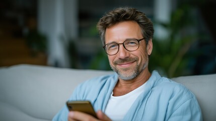 Fototapeta premium Cheerful middle-aged man sitting on a sofa and using a smartphone