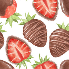 Watercolor pattern with chocolate-covered strawberries.