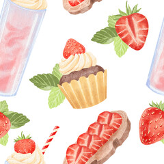 Watercolor pattern with strawberry-chocolate muffin, strawberry cocktail and strawberry berries.