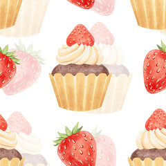 Watercolor pattern with strawberry-chocolate muffin and strawberries on the background.