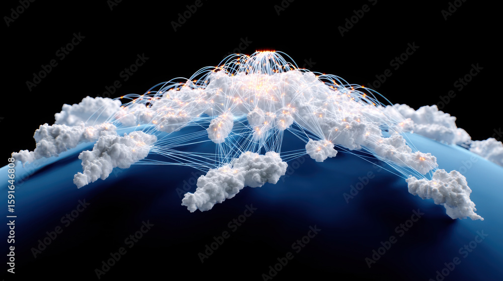 Poster visual representation of network intrusion map, showcasing glowing connections and cloud like format