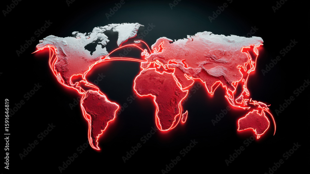 Poster world map illuminated with glowing red lines representing cyber attack pathways, showcasing modern a