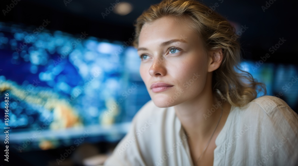 Poster focused professional analyzing environmental data in a modern setting