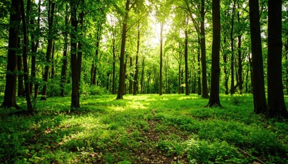 Fototapeta premium Lush forest with sunlight filtering through canopy