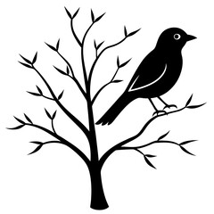 Black silhouette of a bird perched on a bare tree branch white