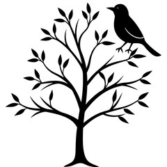 Black silhouette of a bird perched on a tree with leaves on white background vector