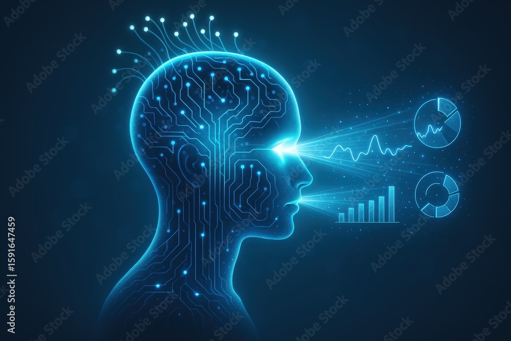 Poster digital human head with glowing circuits, symbolizing artificial intelligence and data analysis on a