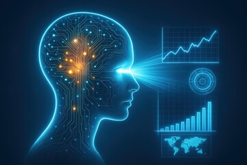 Artificial intelligence concept features a digital human head with glowing circuits and data visualization, showcasing the future of technology