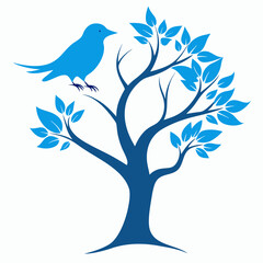 Bluebird perched on a stylized tree with blue leaves on white background nature animal