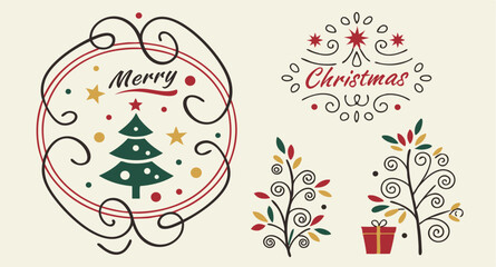 Fototapeta premium Merry Christmas: Festive Vector Icons, Ornate Swirls, Red Green Gold Color Palette, Holiday Design Elements