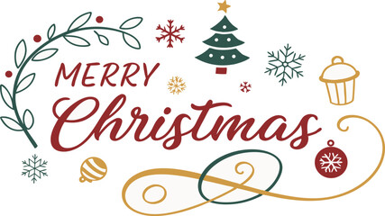 Naklejka premium Merry Christmas Festive Design: Red, Green, Gold Typography with Winter Icons and Flourishes