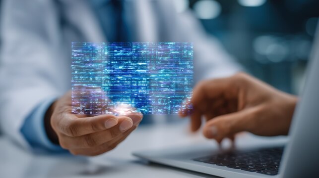 Scientist examining a digital DNA hologram during genetic analysis