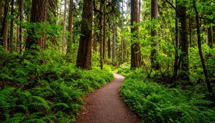 Lush forest path winding through tall trees