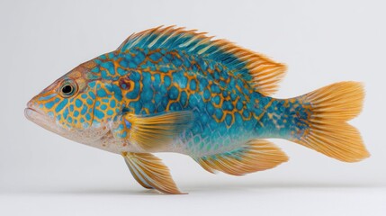 Vivid tropical fish portrait showcasing iridescent blue and gold coloration