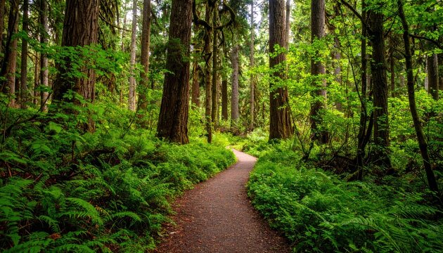 Lush forest path winding through tall trees