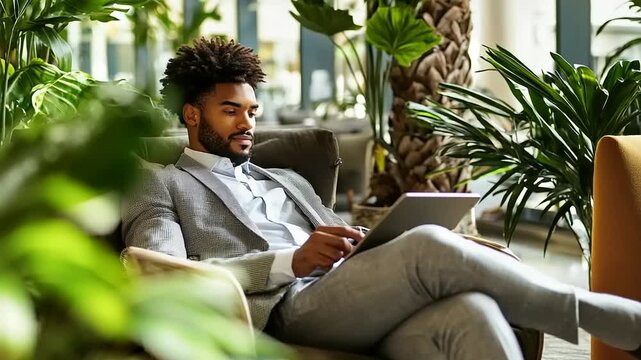 Man in suit relaxing in armchair with digital tablet