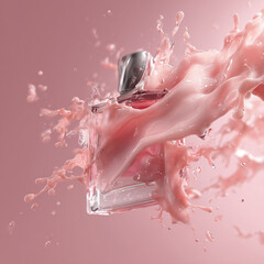 Perfume bottle gets splashed with pink liquid. Abstract, creative fragrance concept for marketing, cosmetic design, and web use.