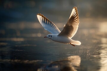 Majestic Bird Gliding Effortlessly Over a Shimmering Lake at Dawn Generative AI