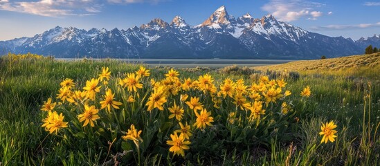 Yellow wildflowers bloom at foot of snowy mountains