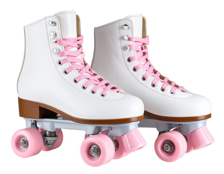 Classic White Leather Roller Skates with Pink Wheels, isolated on transparent background PNG