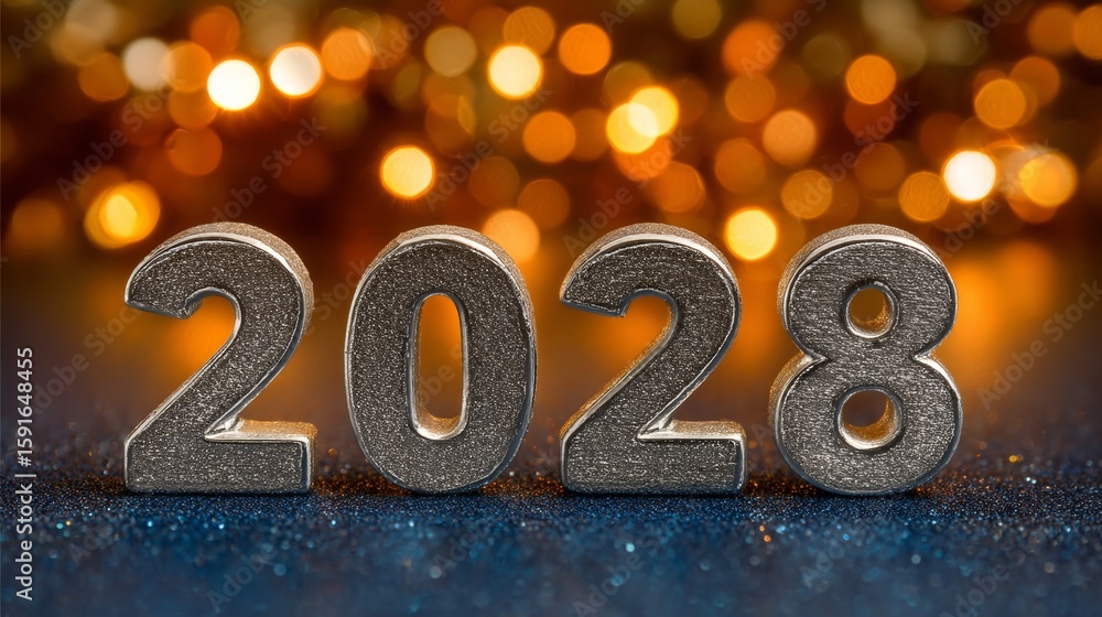 Poster silver 2028 year numbers symbolize new hopes on bokeh effect with shiny design and glitter.