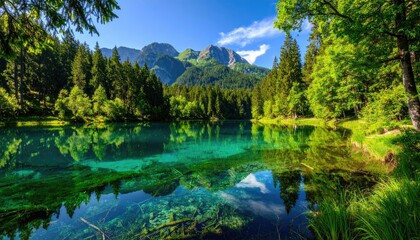 Naklejka premium Serene mountain lake reflecting lush forest