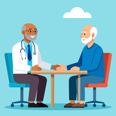 Obraz premium Smiling doctor and senior patient in consultation, hands clasped over a table.