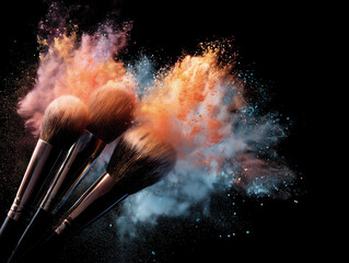 Makeup brushes explode with color powder on black. Captures beauty, cosmetics concept. Use for web, marketing.