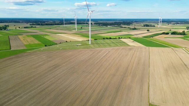 Wind farm near Czaple village, Mazowsze region of Poland, 4k drone video