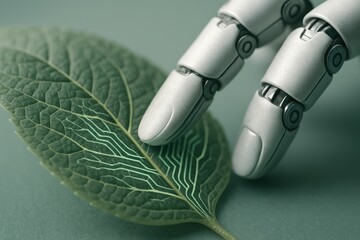 Robot hand gently touches a green leaf with circuit patterns, reflecting technology's harmony with nature and bioengineering advances.