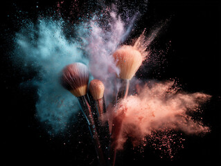 Makeup brushes burst with colorful powder on black background. Cosmetics explode. Use for beauty, design, product marketing, web, editorial.