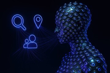The all seeing human body with eyes is an abstract neon network watching searching and connecting with others around the world.