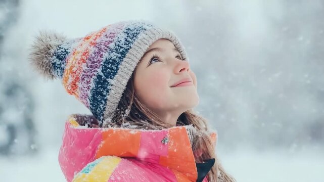 Smiling girl winter coat and colorful hat enjoying snow outdoors, cold weather happiness, child looking up with joyful expression, playful cheerful fun, snowy background, wintertime nature lifestyle