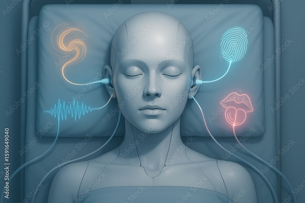 Poster advanced technology exploring sensory perception, featuring data and sensor interface on a person co