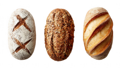 Three artisanal loaves of bread, top-down view