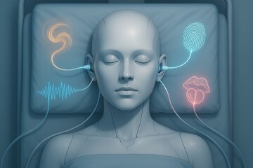 Advanced technology exploring sensory perception, featuring data and sensor interface on a person connected to a modern research system