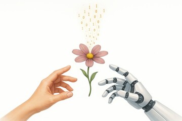 Artificial intelligence and human touch converge creating a beautiful flower, powered by technology with hands reaching