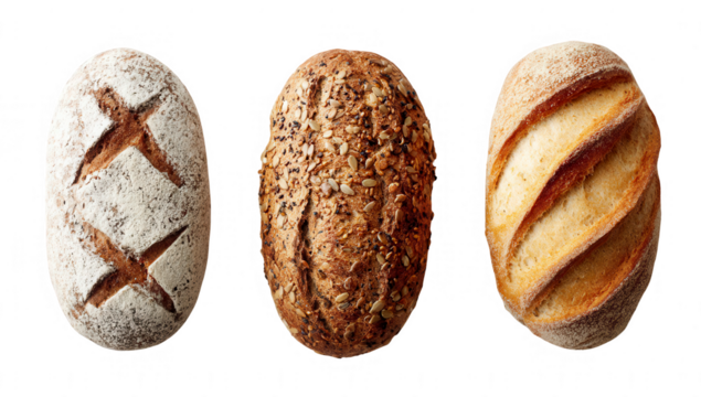 Three artisanal loaves of bread, top-down view
