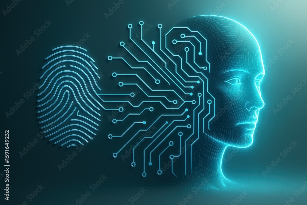 Poster biometric authentication integrates with artificial intelligence represented by a digital human face
