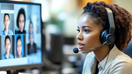 Young woman with headset modern office, participating online video call and teamwork with diverse colleagues computer, demonstrating professional communication, customer service, and confident - Powered by Adobe