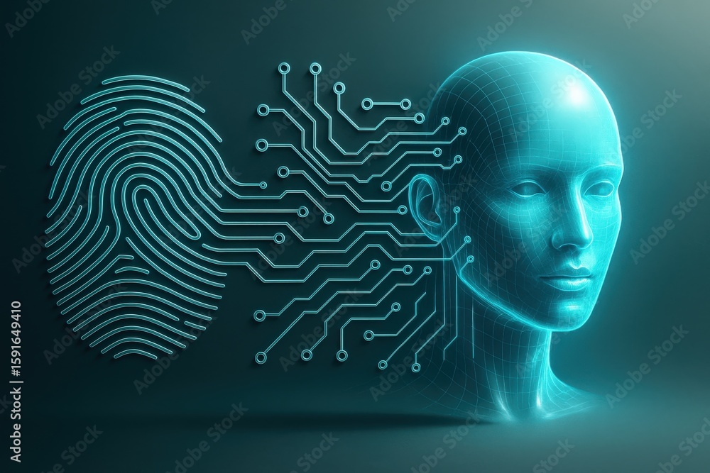 Poster glowing digital fingerprint merges with a human head representing secure ai and biometric authentica