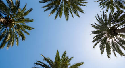 Fototapeta premium Palm Trees Framing Blue Sky: Tropical Perspective, Sunlight, Summer, Nature.