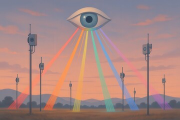 An artistic rendering of a giant eye in the sky with colorful light beams and surveillance camera poles in a field.