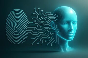 Glowing digital fingerprint merges with a human head representing secure AI and biometric authentication systems of future technology.