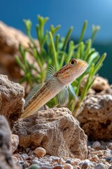 Fototapeta premium A small goby fish hiding among the rocky crevices and sandy seabed