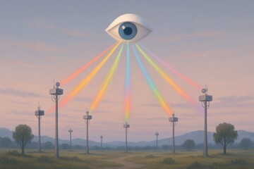 Surreal vision presents a watchful eye beaming vibrant rainbow rays onto antenna towers across a pastel landscape.