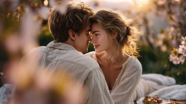 A romantic couple enjoying a serene outdoor moment at sunset