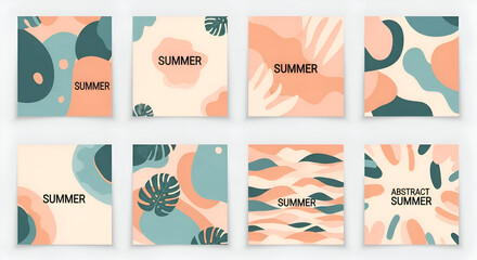 Abstract Summer Collection: Eight Modern, Pastel-Toned Square Designs with Text.